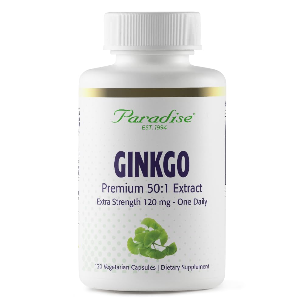 Paradise Herbs Ginkgo Biloba Extract, Super Potent, Ultra Pure, Vegan, Non GMO, Gluten Free, 120 Vegetariska kapslar