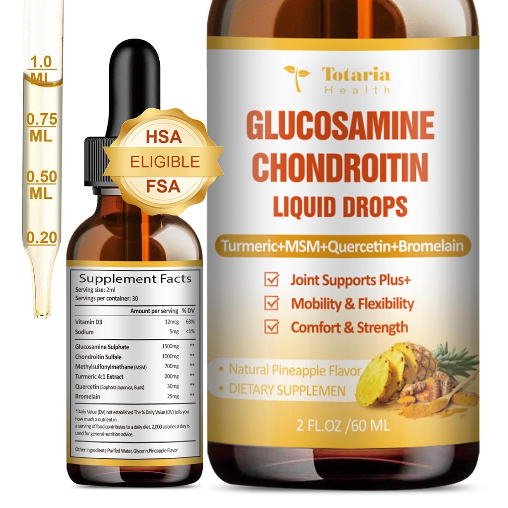 Glukosamin Chondroitin MSM Liquid Drops FSA-HSA - Joint Support Supplement för rörlighet, flexibilitet och ben Chondroitin Sulfate Supplement Turmeric, Quercetin, Bromelain, MSM Oil 2 FL.OZ