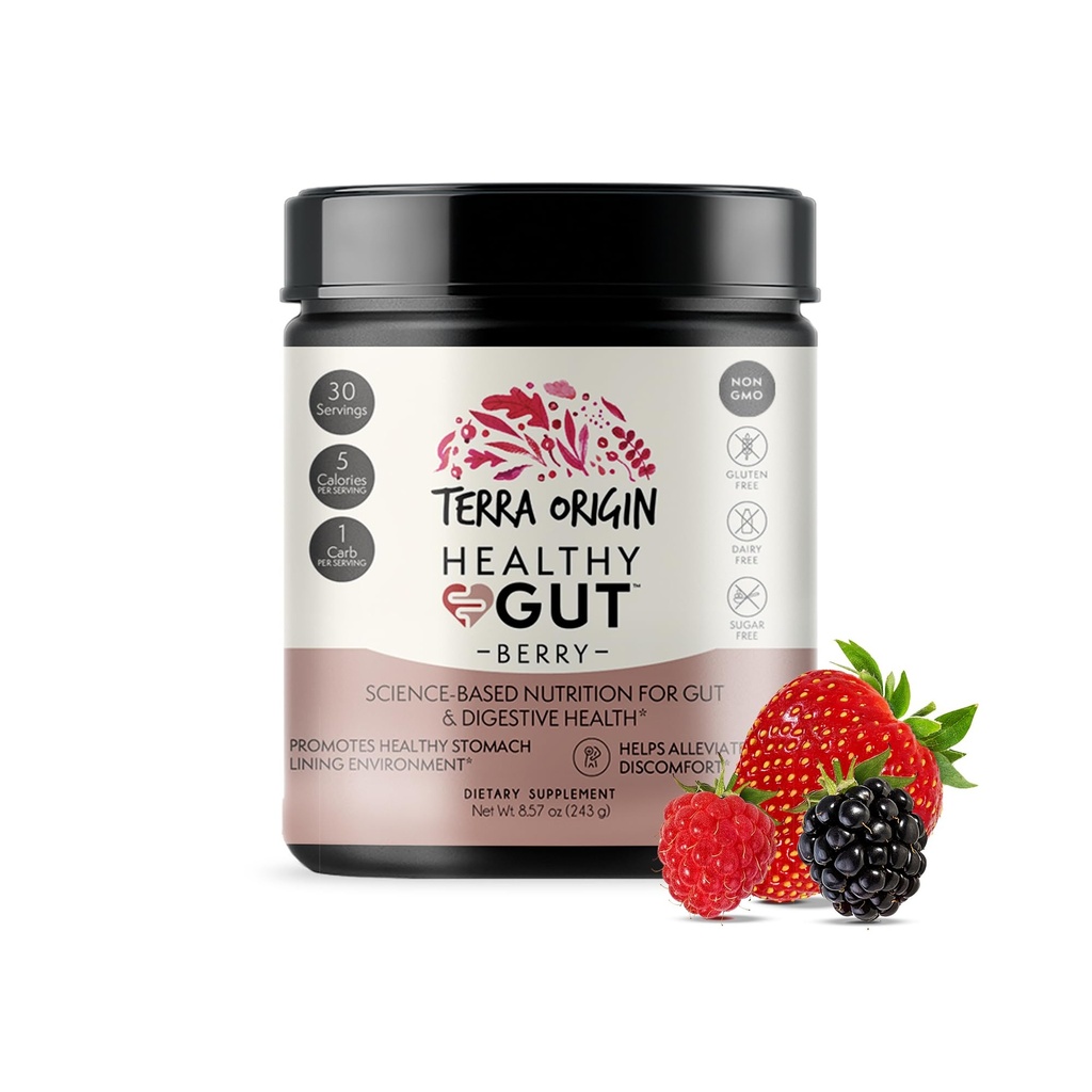 TERRA ORIGIN Healthy Gut Powder (Berry Flavor) | 30-Servings med L-Glutamin, Zink, Glukosamin, Slippery Elm Bark, Marshmallow Root och mer!
