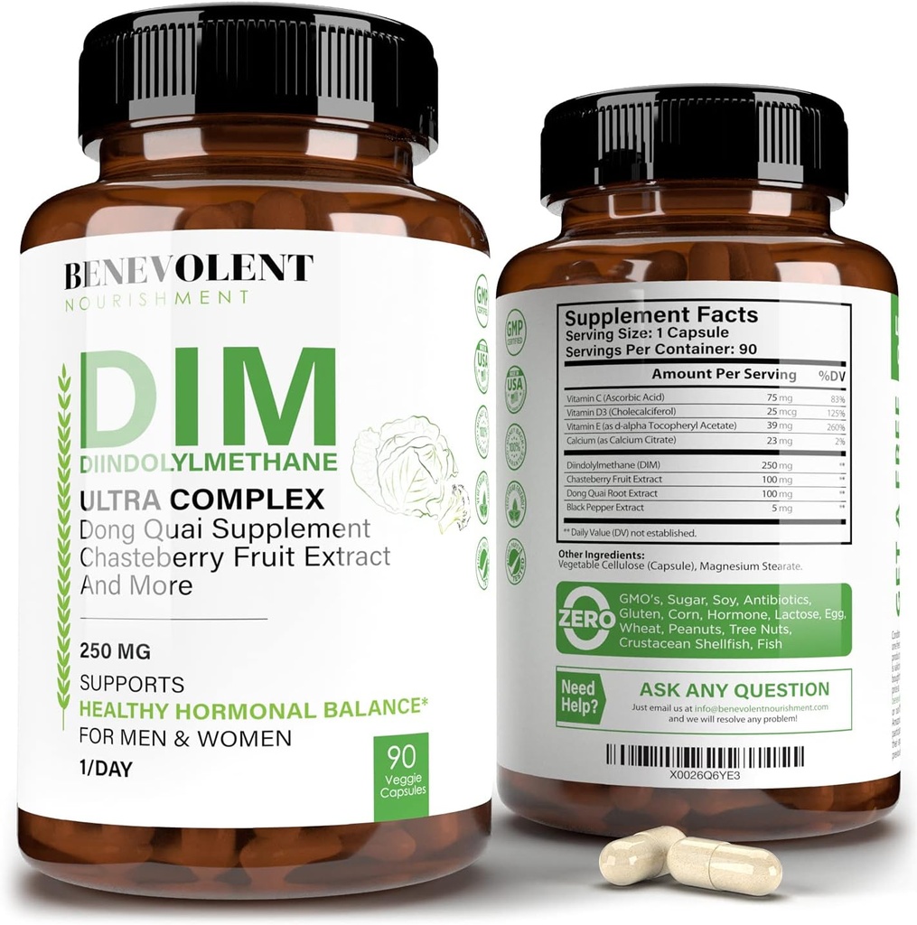 Benevolent Nourishment Maximum Strength DIM Supplement 250mg - 90 Vcaps Diindolylmethane Ultra Complex Plus Chasteberry, Dong Quai Extract + Mer