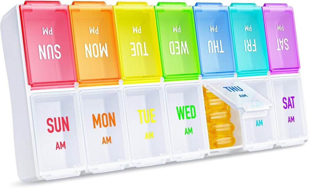 ZIKEE Rainbow Weekly Pill Organizer 2 gånger om dagen för enkel spårning, AM PM Pill Case, Large 7 Day Pill Box två gånger om dagen, BPA-Free Medication Organizer för piller, vitaminer, fiskoljor, tillskott