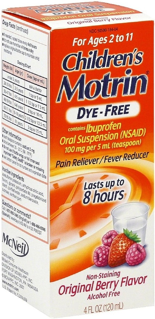 Motrin Children's Dye-Free Pain Reliever/Fever Reducer, Original Berry Flavor 4 oz (12 Pack)