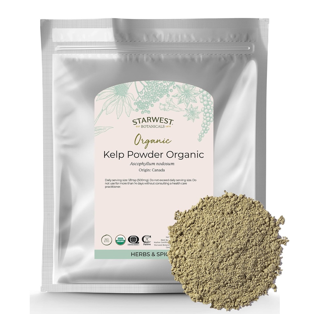 Starwest Botanicals Organic Kelp Powder - Nutrient Rich, Natural Source of Iodine, Potassium, Magnesium, Zink, Iron, & Calcium, Certified Kosher, Non-GMO - 16 oz Bag