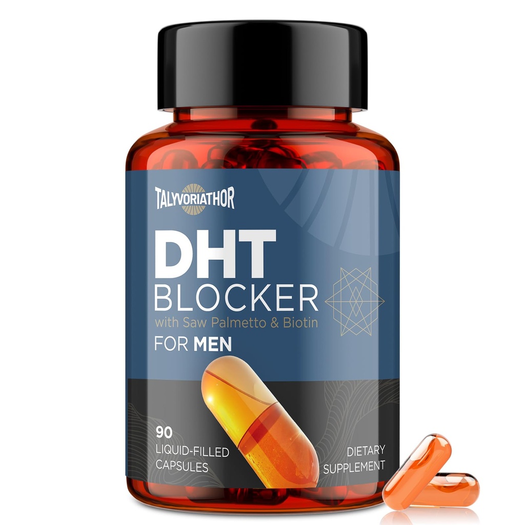 DHT Blocker för Män med Saw Palmetto & Biotin, Hårtillväxt Formel i flytande-fyllda kapslar, Håravfallstillskott, Hårtillväxt Vitaminer, Proprietära Herbal Blends - 90 kapslar (1 flaska)