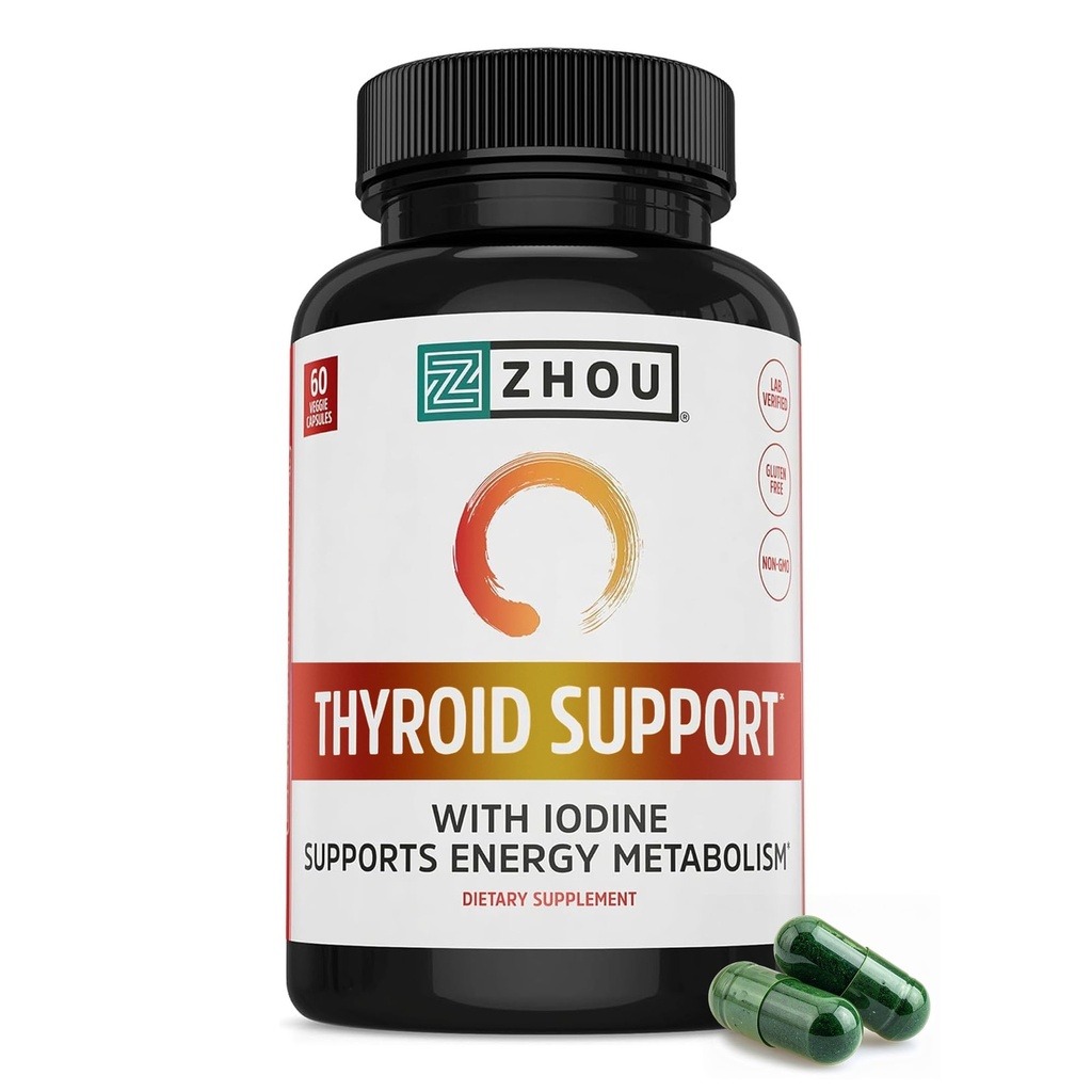 Zhou Thyroid Support - Thyroid Supplement för kvinnor och män med zink, jod och selen, metabolisk hälsa Thyroid Komplex med Ashwagandha, Kelp - 60 Veggie kapslar (Pack av 1)