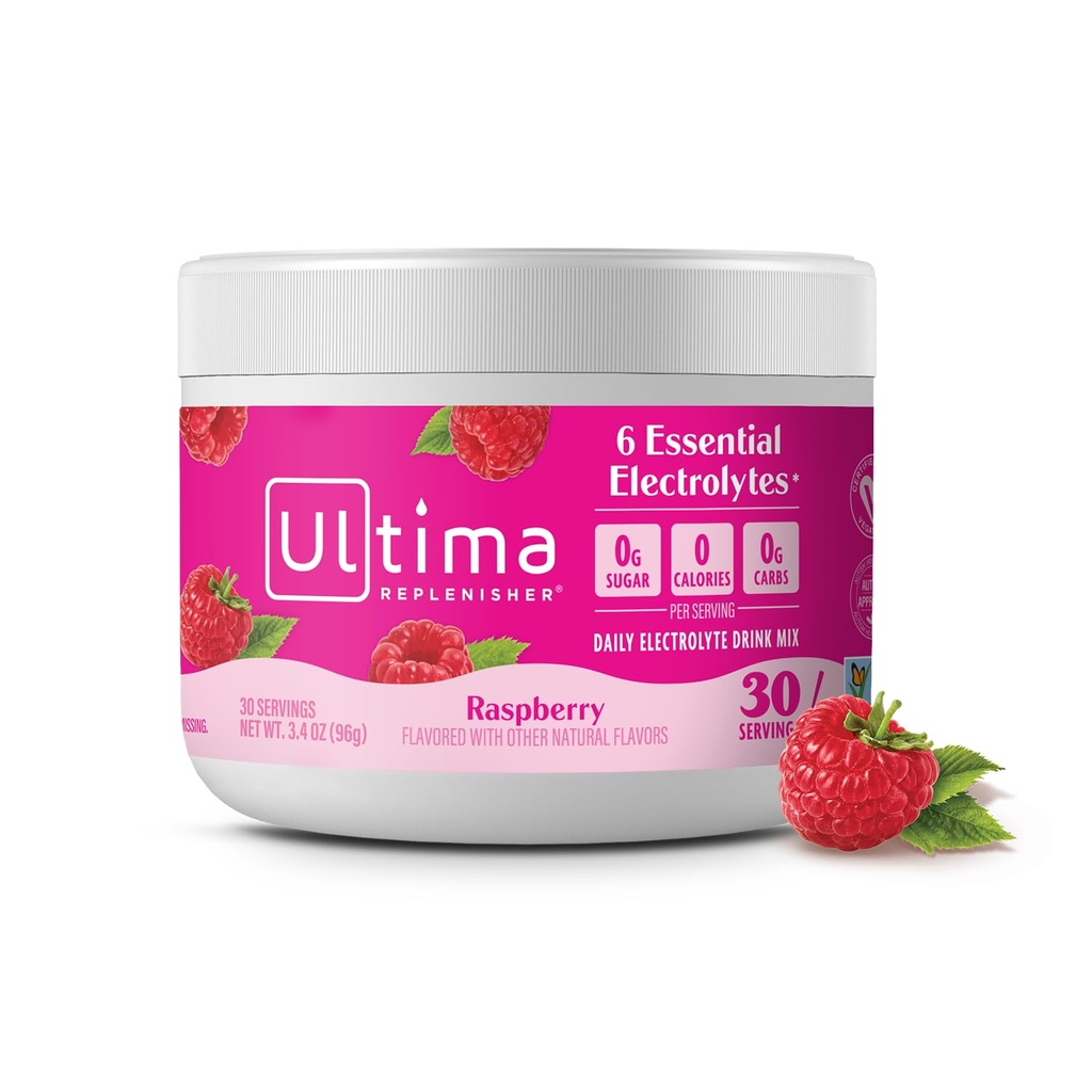 Ultima Replenisher Daily Electrolyte Powder Drink Mix - Sugar Free - Raspberry, 30 Servings - Hydration Powder med 6 Key Electrolytes och Trace Minerals - Keto Friendly, Vegan, Non-GMO