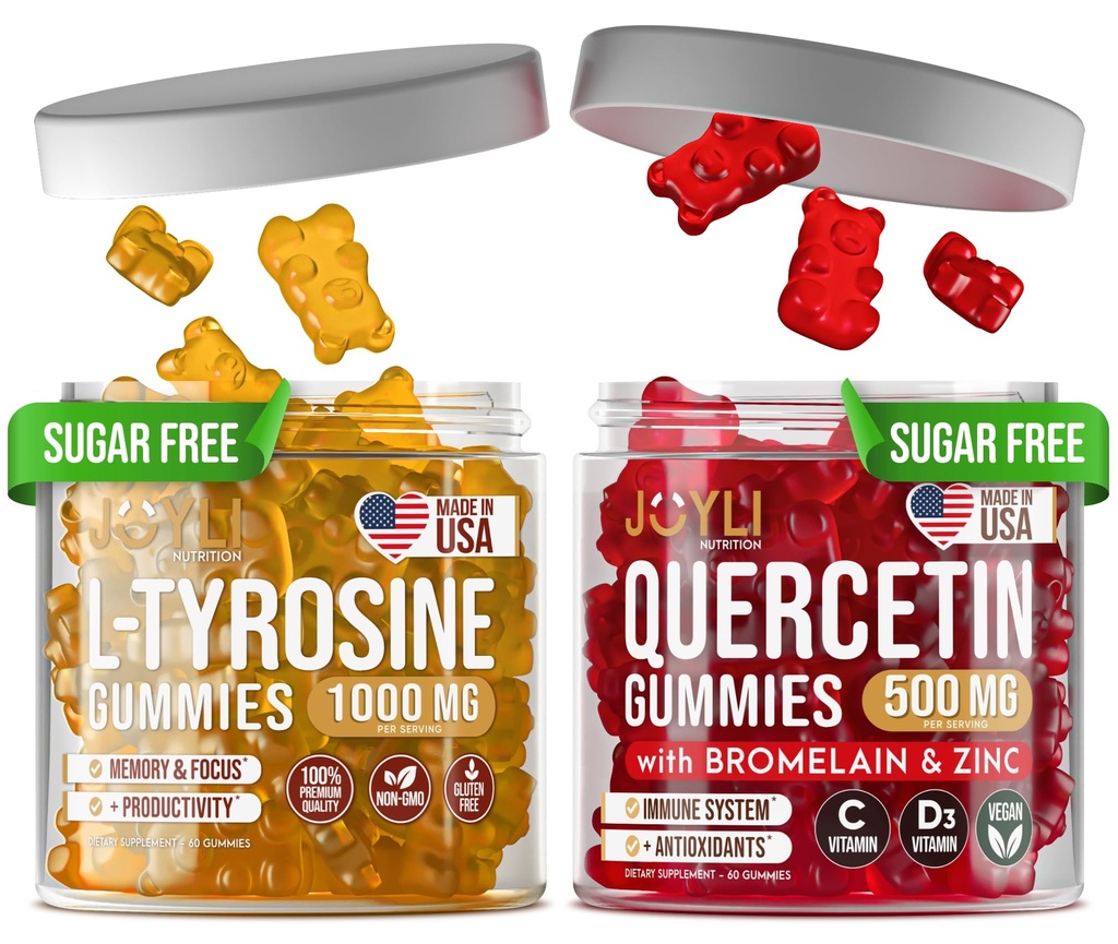 L-Tyrosine Gummies + Quercetin Gummies - L Tyrosine Supplement, Quercetin med vitamin C - Focus Gummies och Immune Support Gummies - 60 L-Tyrosine för barn Gummies, 60 Quercetin med Zink Gummies
