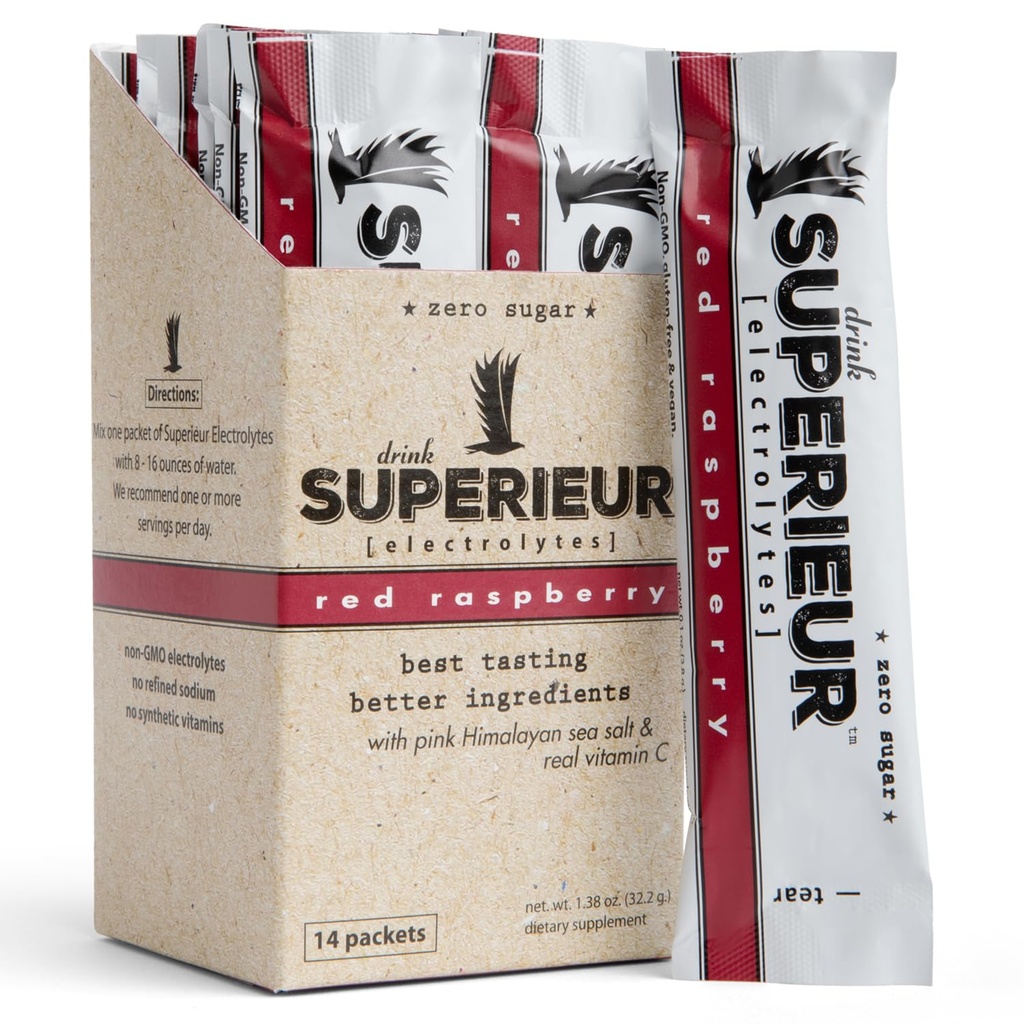 Superieur Electrolyte Powder Packets - Vegan Electrolyte Hydration Powder W/Sea Minerals - Keto Friendly, Non-GMO, Zero Sugar Electrolyte Supplement - Hälsosam sportdryck - Raspberry (14 Packets)