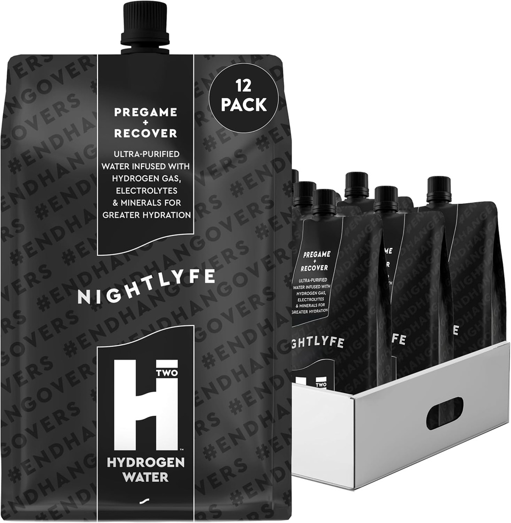 HTWO Nightlyfe Recovery, 16.9oz Premium Hydrogen Infused Water med elektrolyter, vitaminer och mineraler, 12-pack, funktionella Hydrationspaket för återhämtning och mental klarhet, Sugar Free