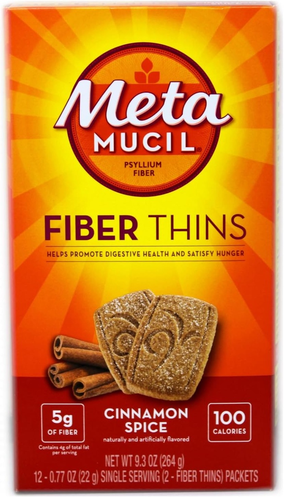 Metamucil Fiber Thins Cinnamon Spice 3-boxar med 12 paket. Var och en av de 12 paketen innehåller 2 fibertunnar