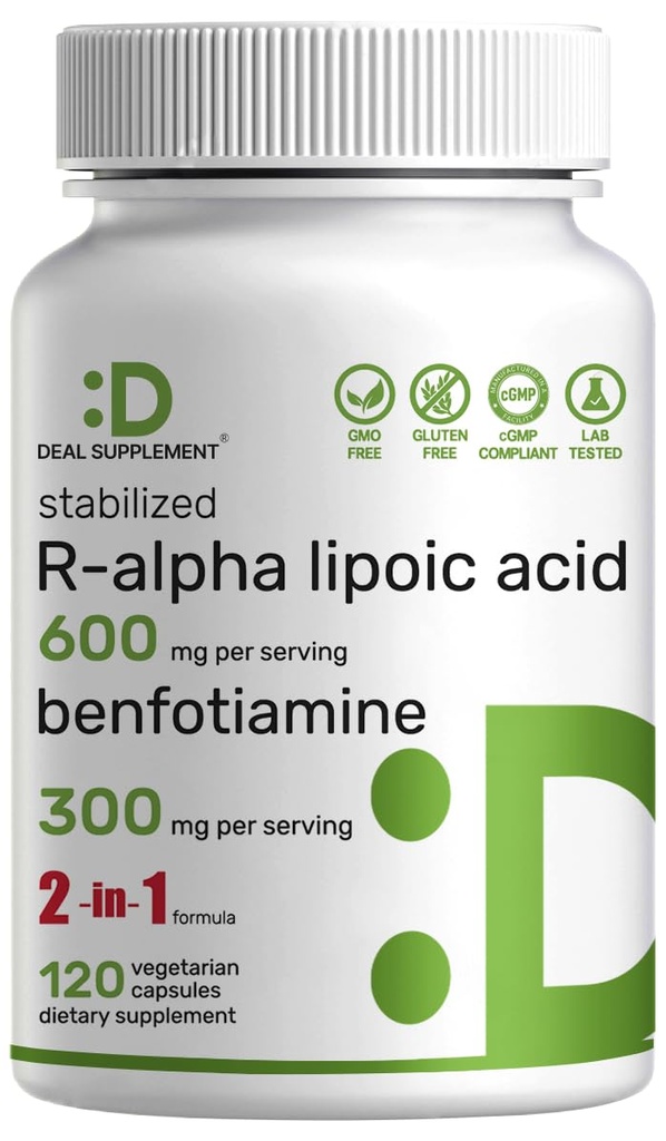 DEAL SUPPLEMENT R Alpha Lipoic Acid 600mg with Benfotiamine 300mg Per Serving, 120 Veggie Capsules – 200mg R-ALA Per Capsule – Antioxidant Supplement for Energy & Nervous System Support