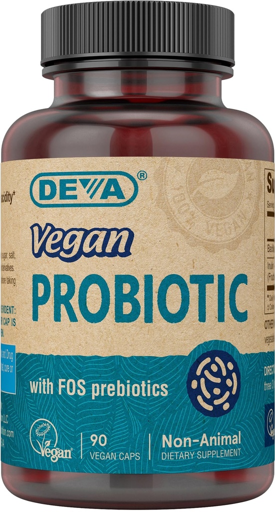 DEVA Vegan Probiotic med FOS Prebiotics Supplement - 2 miljarder CFU med 100 MG Prebiotics Per Servering för Män & Kvinnor - Icke-Dairy Gluten Fri - Naturligtvis Hållbar - 90 kapslar