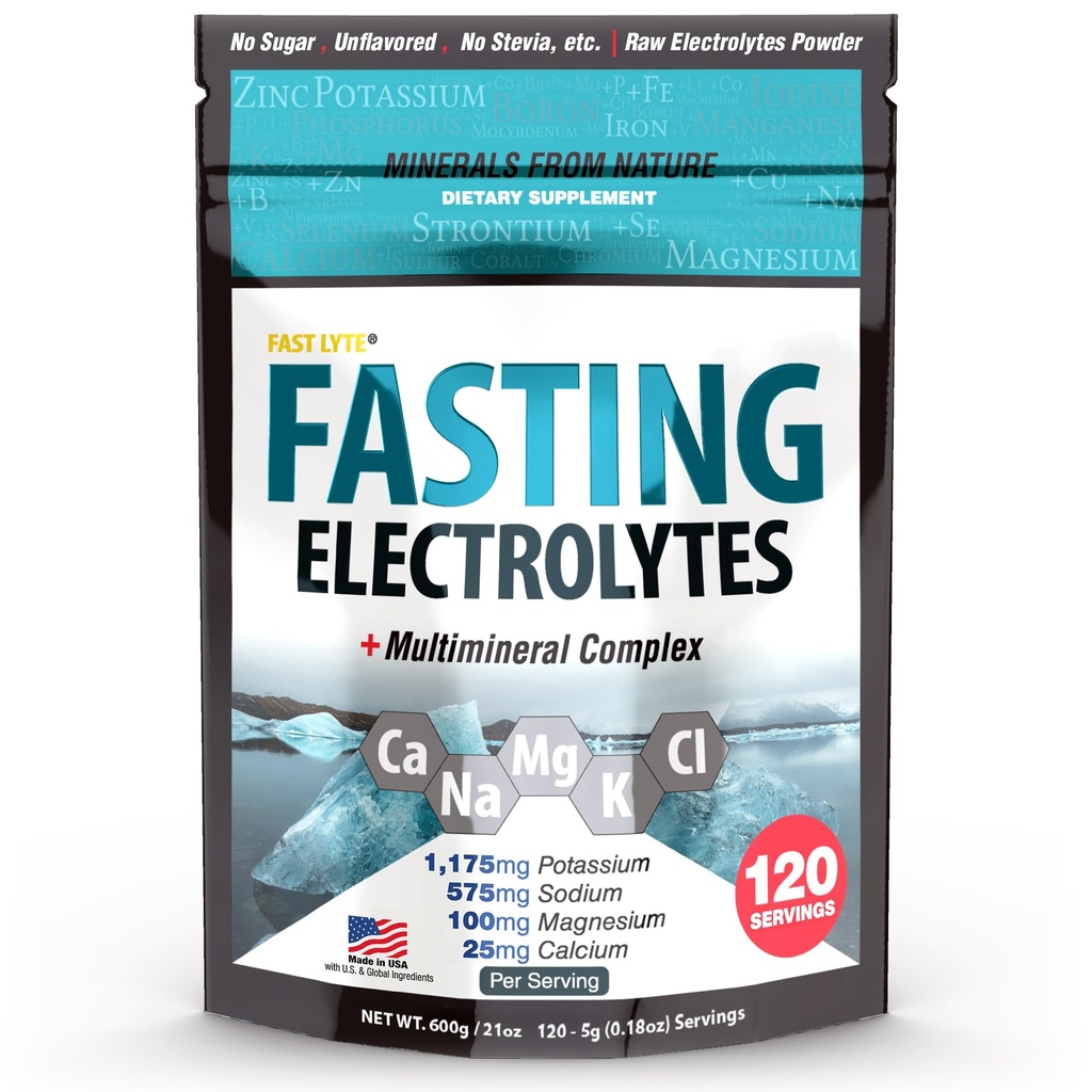 Fast Lyte Fasting Electrolyte Supplement Powder | No Sugar Unflavored Raw Electrolytes | 25% RDI Magnesium and Potassium with Trace Minerals | Carnivore & Keto Friendly | Sugar Free Fasting Salts