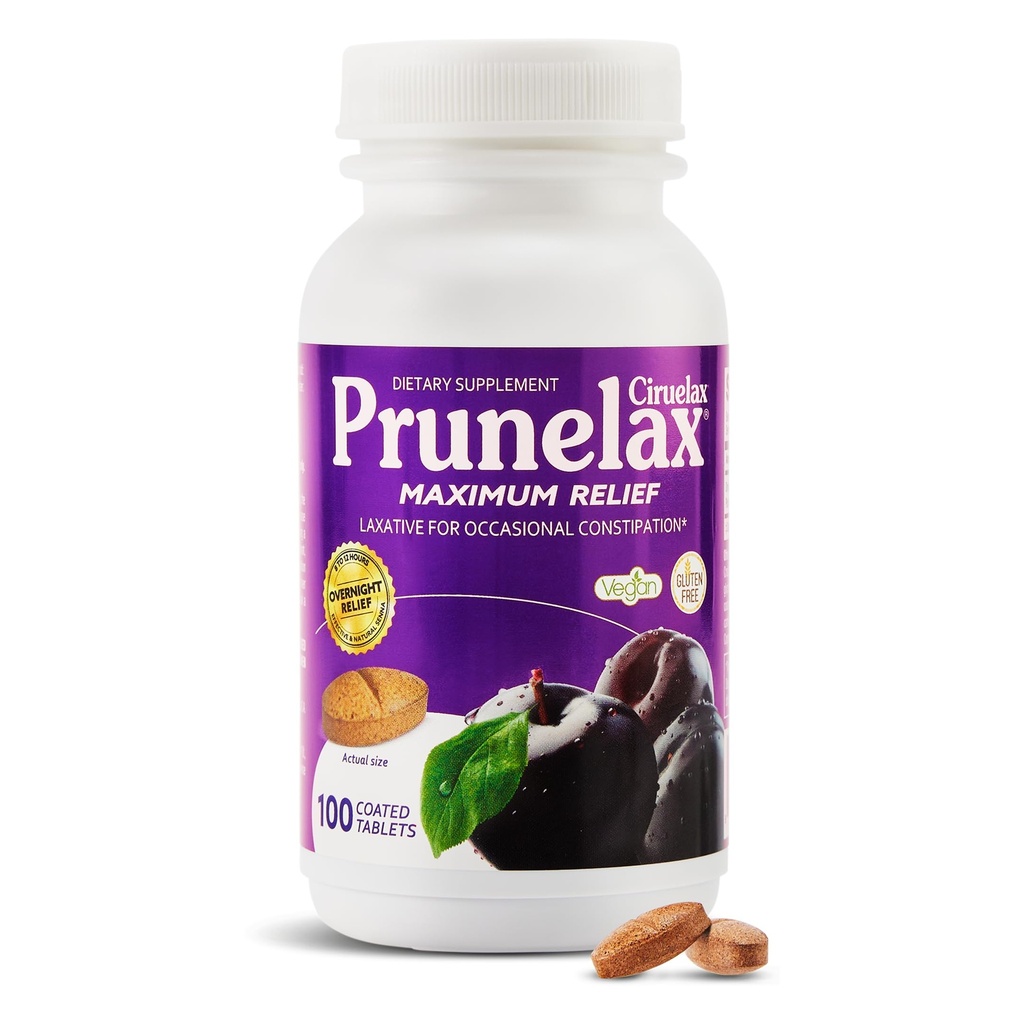 Prunelax Ciruelax Maximal Relief Laxative tabletter med naturlig Senna för yrkesmässig förstoppning, Senna Extract, Vegan & Gluten-Free, Gentle Overnight Relief - 100ct