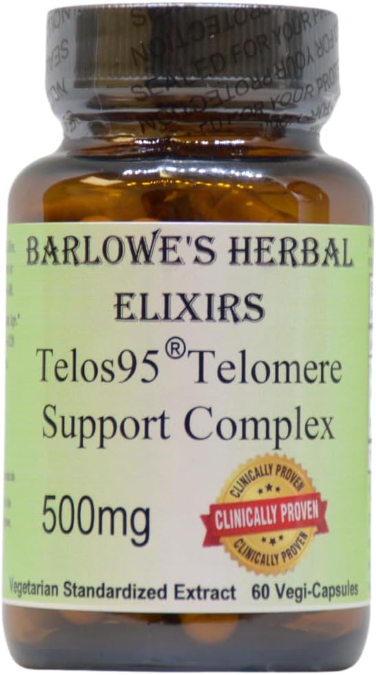 Barlowes Herbal Elixirs Telos95® Telomere Support Complex | Avancerad cellulär hälsa och livslängd Formel | 500mg med Astragalus Extract | Non-GMO, Stearate-Free, Glass Bottled