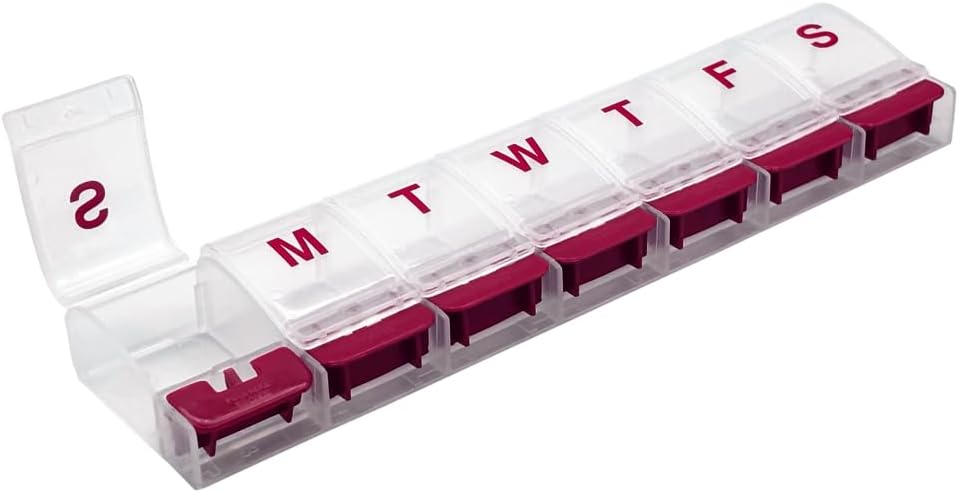 EZY DOSE Weekly (7-Day) AM/PM Daily Push Button Pill Organizer, Vitamin Case och Medicine Container, X-Large Compartments, Arthritis Friendly, Convenient and Easy to Use, Clear/Red, BPA Free