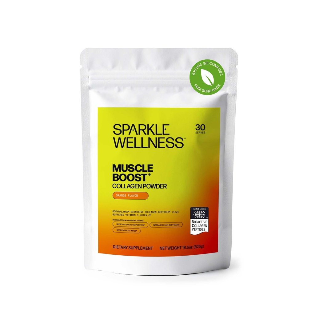 Sparkle Wellness Muscle Boost (Orange) [30-Serves] | Collagen Supplement Powder med Hydrolyzed BODYBALANCE Collagen Peptides & Buffered Vitamin C | Förbättrar kroppssammansättning