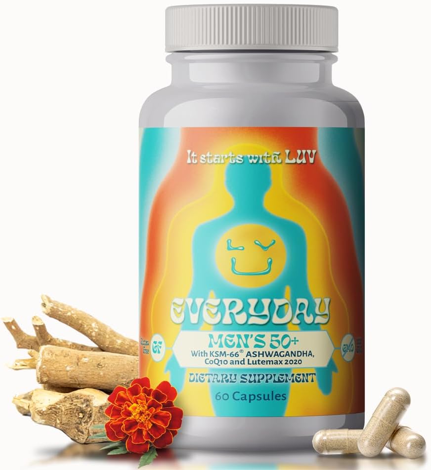 LUV EverydayTM Mäns 50+ Multivitamin - Vuxen Formula Daily Nutritional Support med Iron, Calcium, KSM-66 Ashwaganda, CoQ10, Lycopene och Lutemax 2020- Vegetarian Gluten-Free & Non-GMO - 60 kapslar