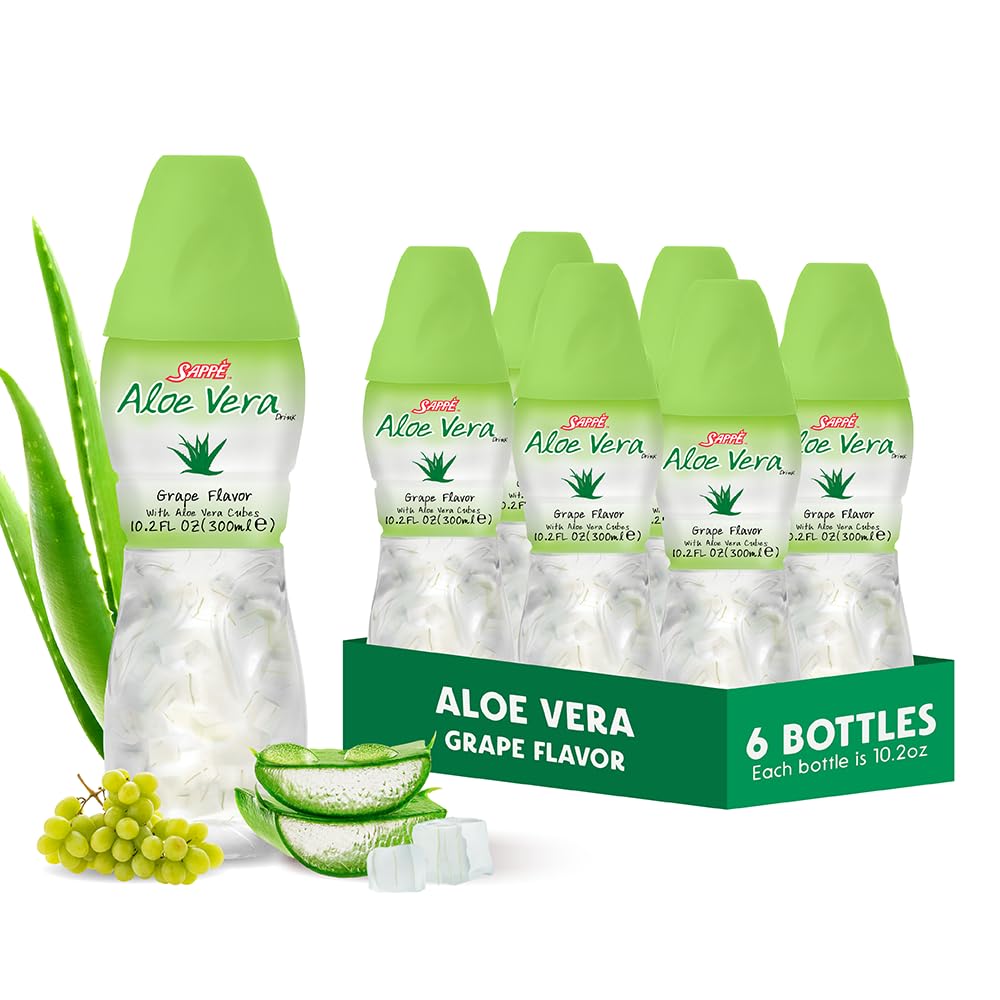 Aloe vera juice (Grape smaksatt) med större bitar av ren aloe pulp (6 Packs) Växtbaserad juice bra för hydrering och innehåller stor aloe massa. Det är hälsosamt för vuxna och barn