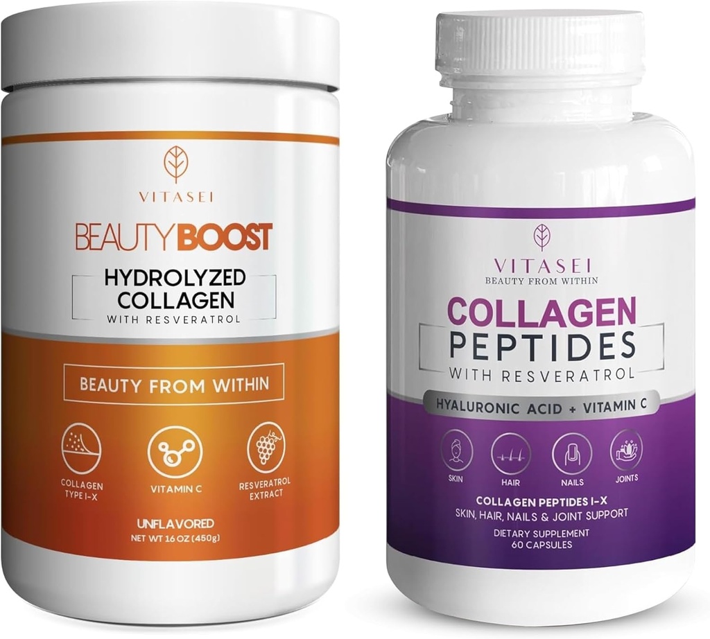 VITASEI Collagen Wellness Bundle - Hydrolyzed Collagen Peptides Powder & Collagen Peptide Capsules med vitamin C & Resveratrol - Stöd för hår, hud, naglar, ben och gemensamma