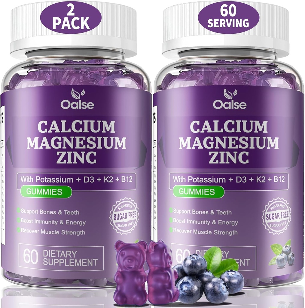 (2 Pack) OALSE Calcium Magnesium Zink Gummies med vitamin D3 & K2-High Absorption Magnesium Glycinate-Muscles, Immune & Sleep Support-Sugar Free-Bluberry Flavored-120 grejer