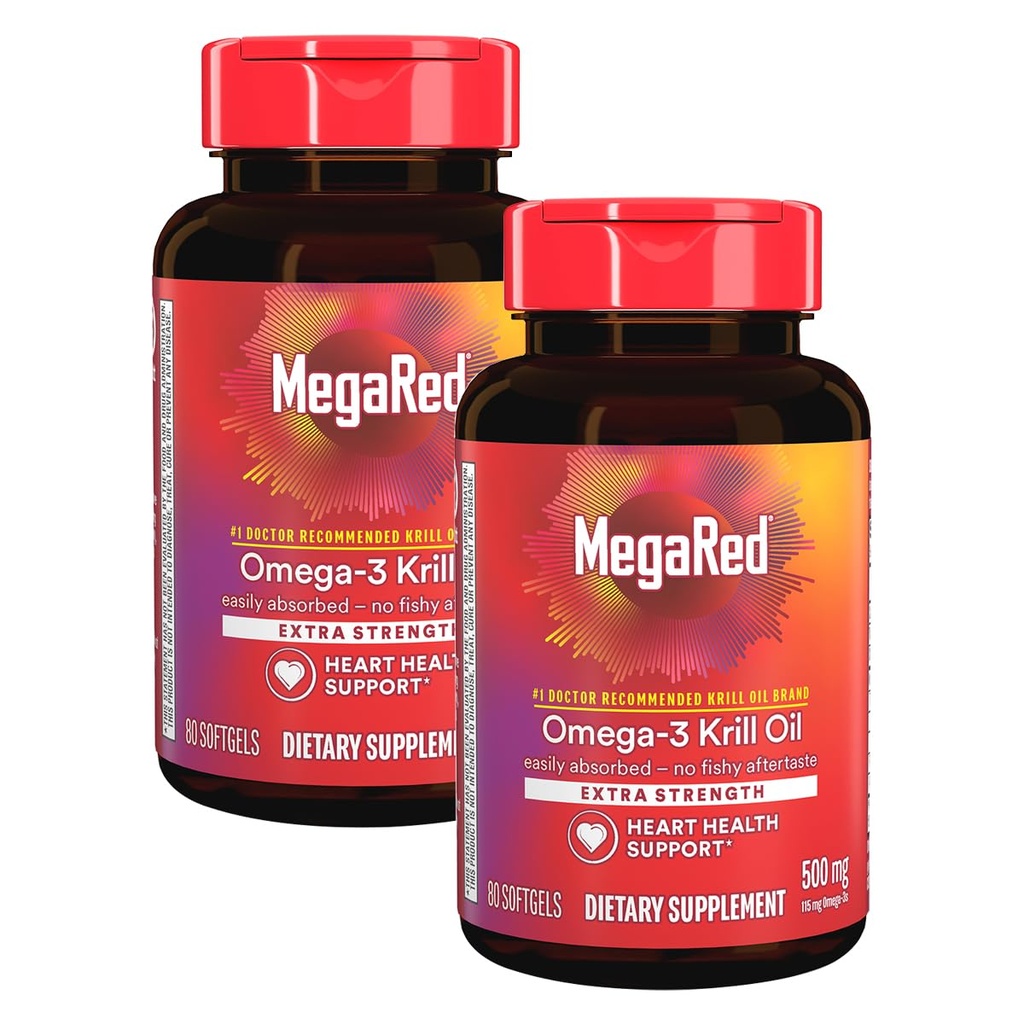 MegaRed Extra Strength 500mg Omega-3 Krill Oil Supplement med EPA / DHA, No Fishy Aftertaste stöder hjärthälsa, 80 Count Softgels (2 Pack)
