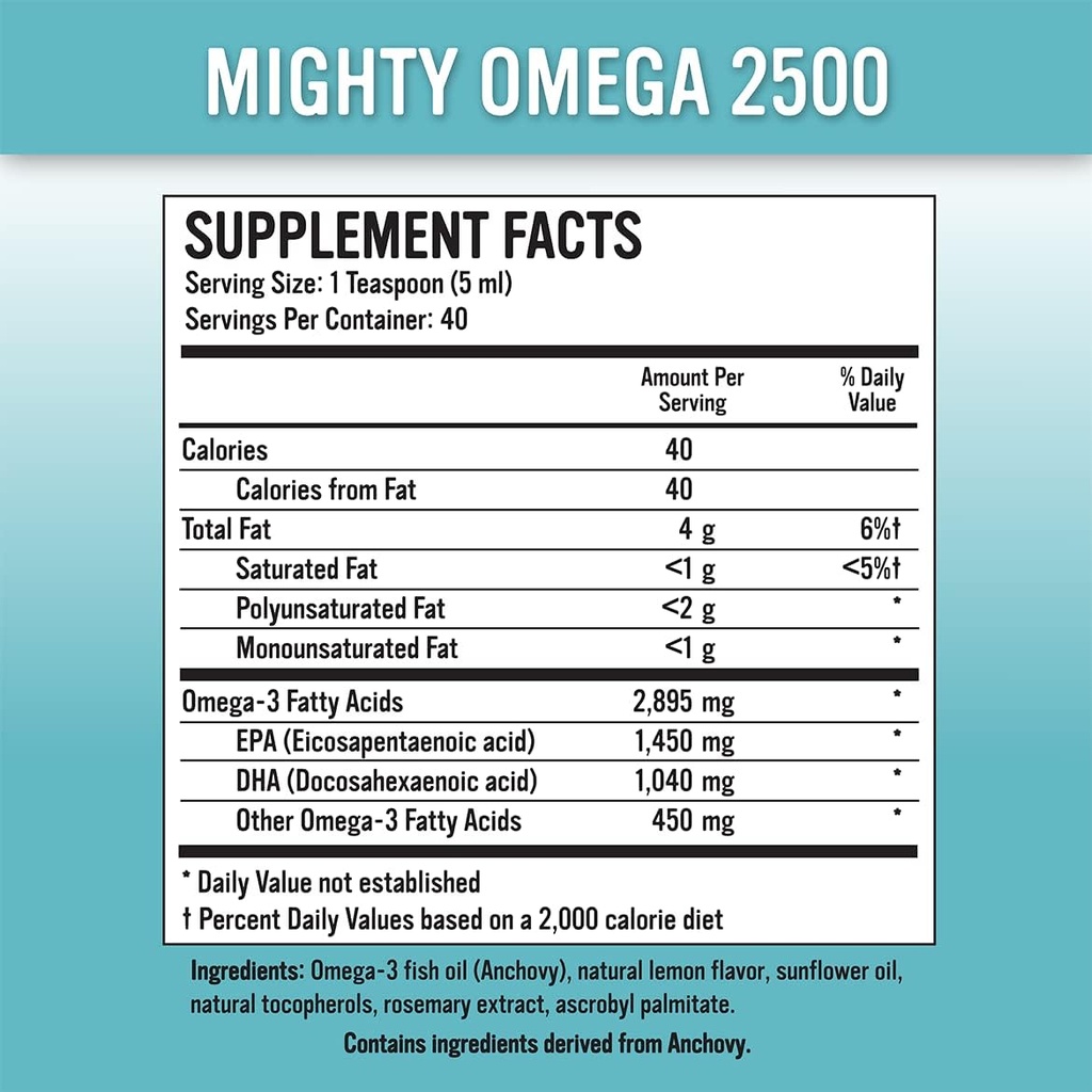 Mighty Omega 2500 Potent Omega 3 Supplement - 2500 MG EPA DHA Per Teaspoon - High Dose Omega 3 Fish Oil - South Pacific Anchovy Sourced - Triglyceride Omegas 3 Fatty Acid Supplement