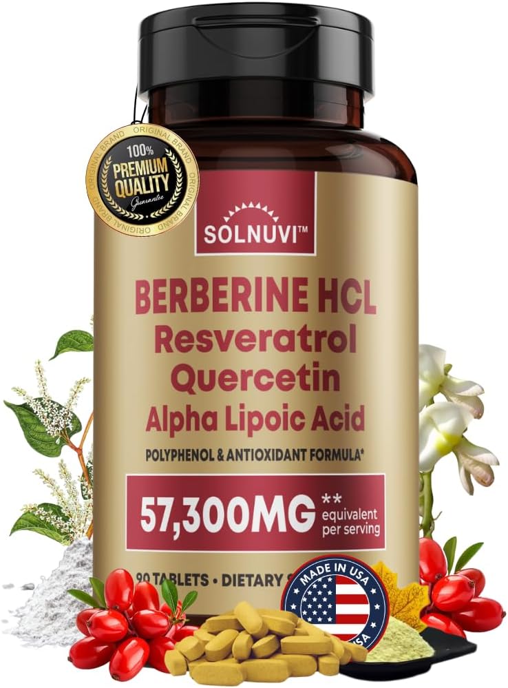 Premium Berberine Supplement med Resveratrol Quercetin Alpha Lipoic Acid - 50:1 Berberine HCl Complex Potent Antioxidants, polyfenoler, Vitality Boost - 90 Vegan tabletter, icke-GMO, Gluten-Free