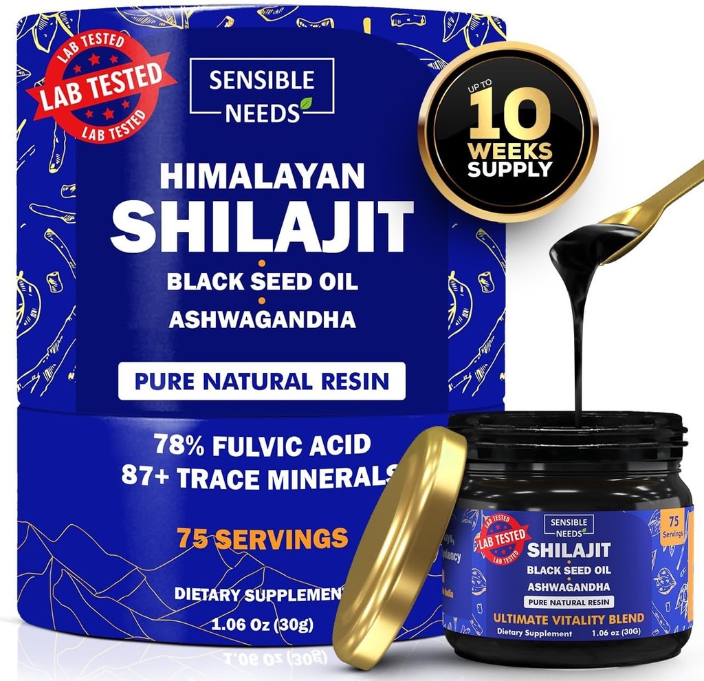 Pure Himalayan Shilajit Organic Resin Supplement, Shilajit for Men & Women with Black Seed Oil & Ashwagandha, Energy, Immunity, 78% Fulvic Acid, 87+ Trace Minerals, 400mg