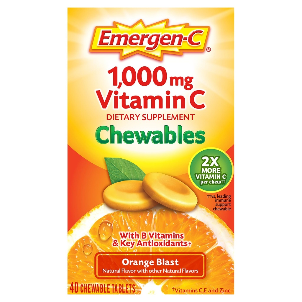 Emergen-C Chewable Vitamin C 1000mg, med B-vitaminer och antioxidanter tablett (40 greve, orange Blast smak), kosttillskott