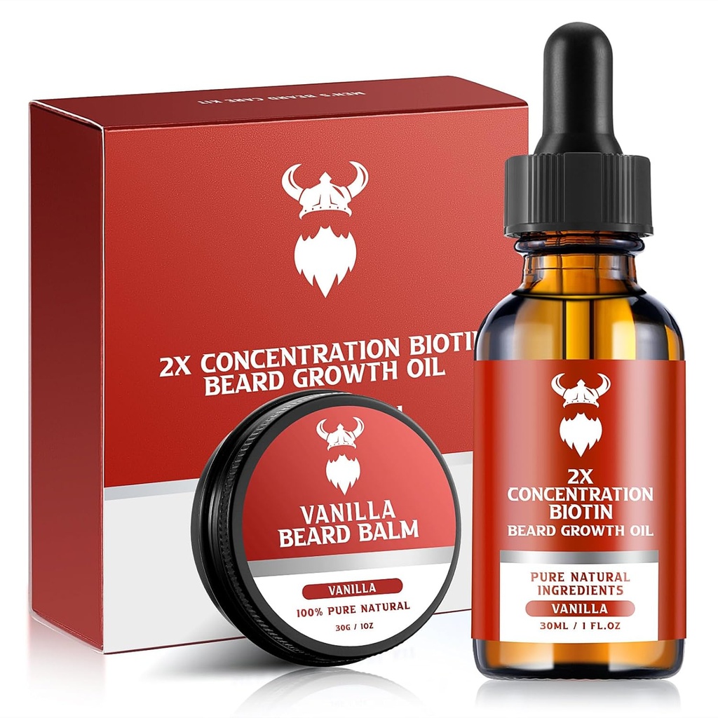 Beard Growth Kit - 2X Concentration Biotin för män, naturliga ingredienser med Argan Oil, Jojoba Oil och Vitamin (Vanilla)