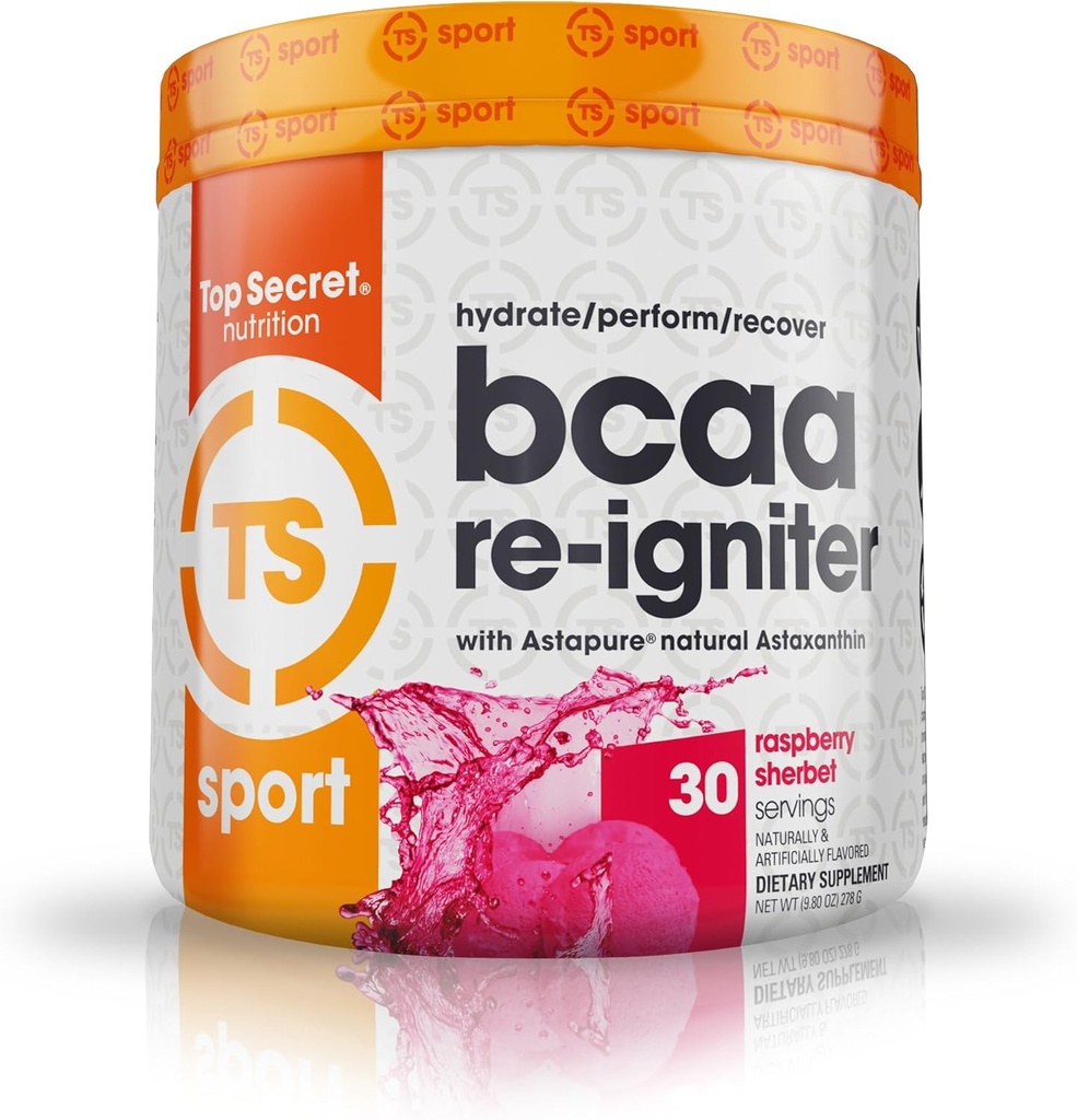 Top Secret Nutrition BCAA Re-Igniter Vegan Amino Acid Supplement med Astaxanthin och Electrolyte, Hydration Blend med kokosvatten, 9,80 oz (30 portioner), Raspberry Sherbet
