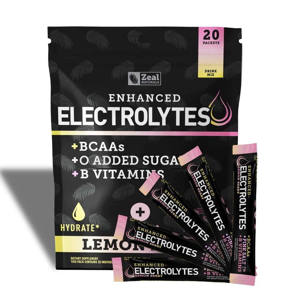 Förbättrad Electrolyte Powder Stick Packs (Lemon Berry | 20 Packets) w / 0 Sugar +BCAAs +B-Vitamins Electrolyte Supplement w Potassium Zinc & Magnesium för Hydration - Keto Electrolytes