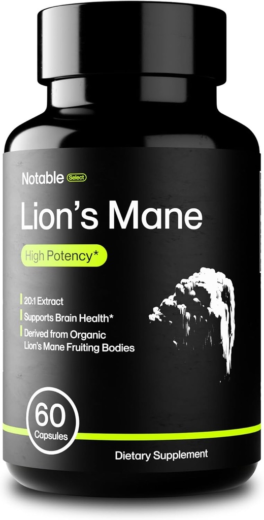 Anmärkningsvärda Select Lion's Mane Mushroom Supplement | 20:1 Extract | Premium kognitivt stöd | Organiskt | Lab-Tested | Rena ingredienser (1 flaska / 1-månaders leverans)