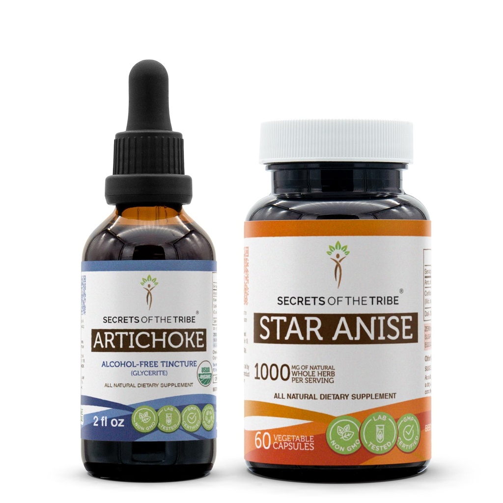 Artichoke USDA Organic and Star Anise Capsules (2 pcs.) | Alcohol-Free Organic Artichoke (Cynara scolymus) Dried Leaf 2 oz och 1000 mg Star Anise (Illicium verum) Torkad frö (60 kapslar)