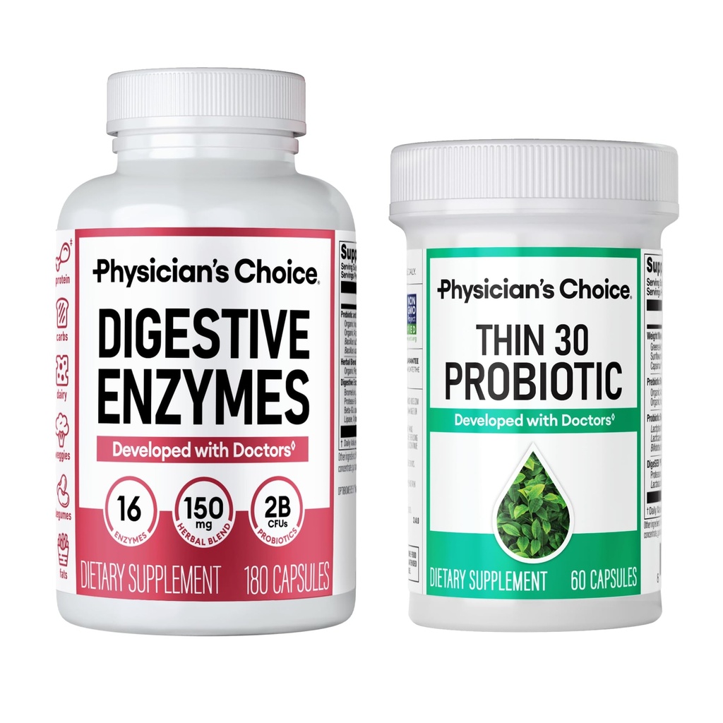 Läkarens CHOICE - Beat Bloat + Support Weight Management Bundle: Digestive Enzymes 180ct + Thin-30 Probiotic 60ct - Value Pack