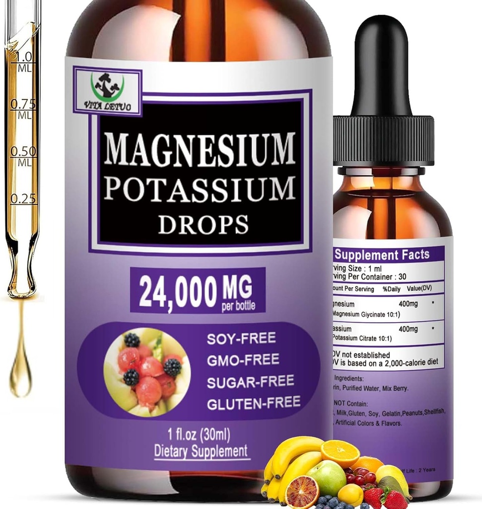 Magnesium Glycinate med kalium Supplement, Liquid Magnesium Glycinate 500mg Kalium Citrat 500mg, Magnesium Liquid Drops för Vaskulär, Ben, Hjärta, Muscle & Nerve Health, icke-GMO,Vegan