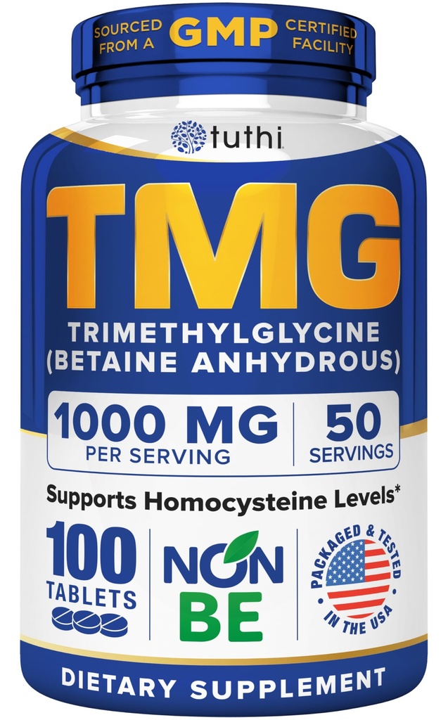 Tuthi TMG Supplement - 1000mg Trimethylglycine - Betaine Amino-syra för kardiovaskulärt stöd och hälsosam homocysteinnivåer - 100 Vegan tabletter - Glutenfri, icke-GMO - Made in USA