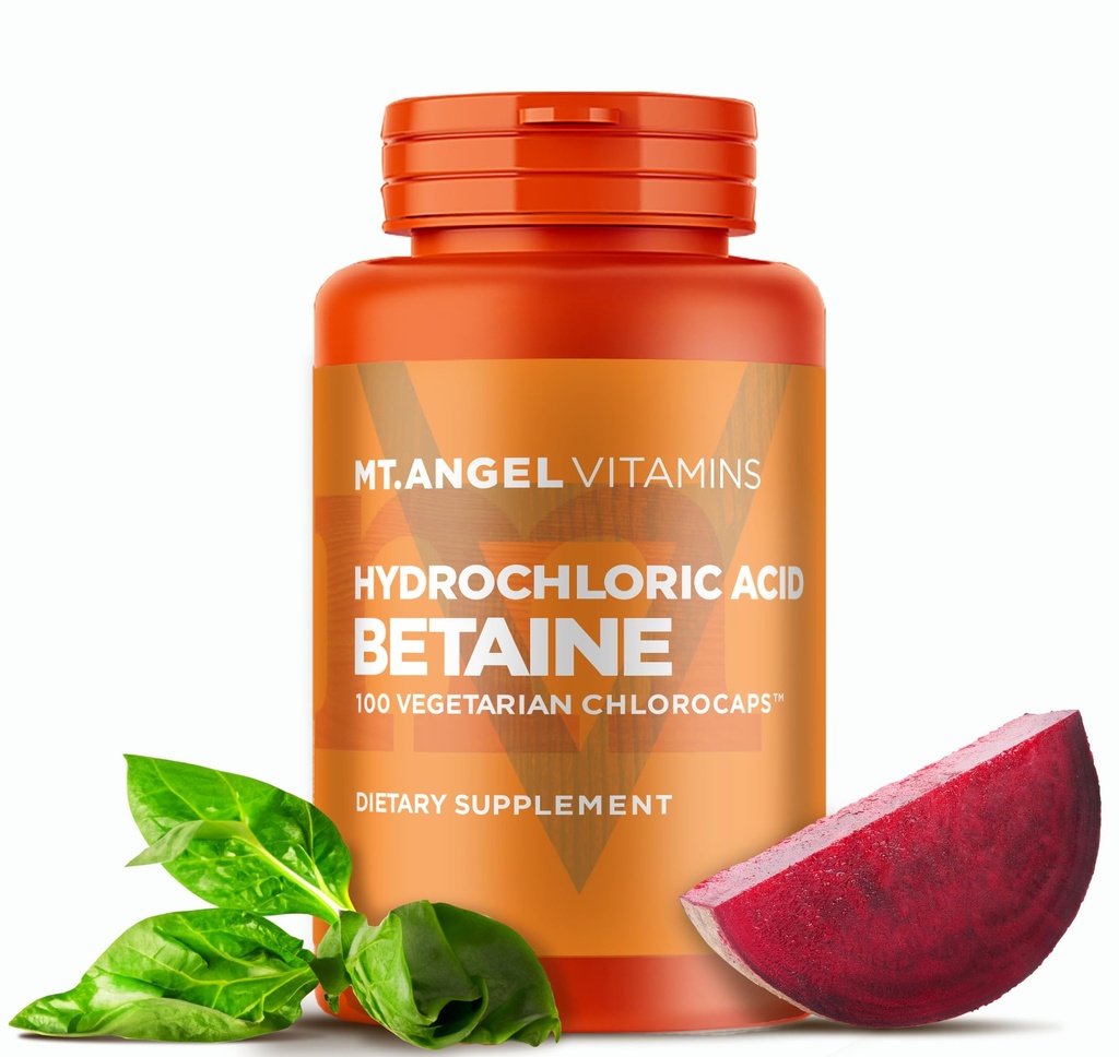 Mt Angel Vitamins - Hydrochloric Acid Betaine, stöder hälsosam matsmältning och gastric juice (100 vegetariska Chlorocaps)
