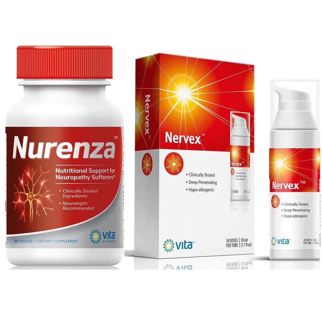 Vita Sciences Complete Neuropathy Relief Bundle: Nurenza Supplement 40x Stronger R-ALA Formel och Nervex Neuropathy Cream med Capsaicin - Din väg till Nerve Rejuvenation