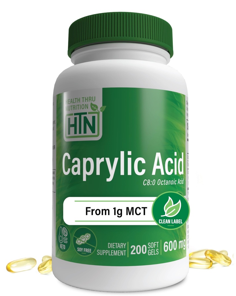 Health Thru Nutrition Caprylic Acid 600mg 200 Softgels | C8 Octanoic Acid från Pure 1g MCT Oil | Non-GMO & Soy Free | Stöd Hälsosam Digestive och Intestinal Health | Keto Friendly