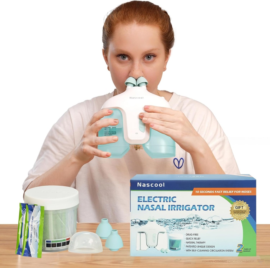 Electric Nasal Irrigation System, Nasal Rinse Machine Nose Cleaner for Sinus Adult, Nose Washer, Nasal Rinsing System with 50 Saline Packets (Green)