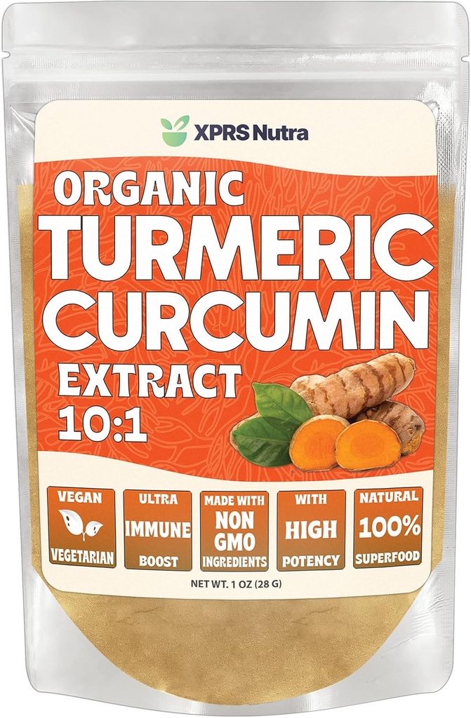 XPRS Nutra Organic Turmeric Curcumin Powder Extract 10:1 - Premium USDA Organic Curcumin Powder för immunitet - Vegan Friendly Pure Curcumin för Gut Health (1 Ounce)