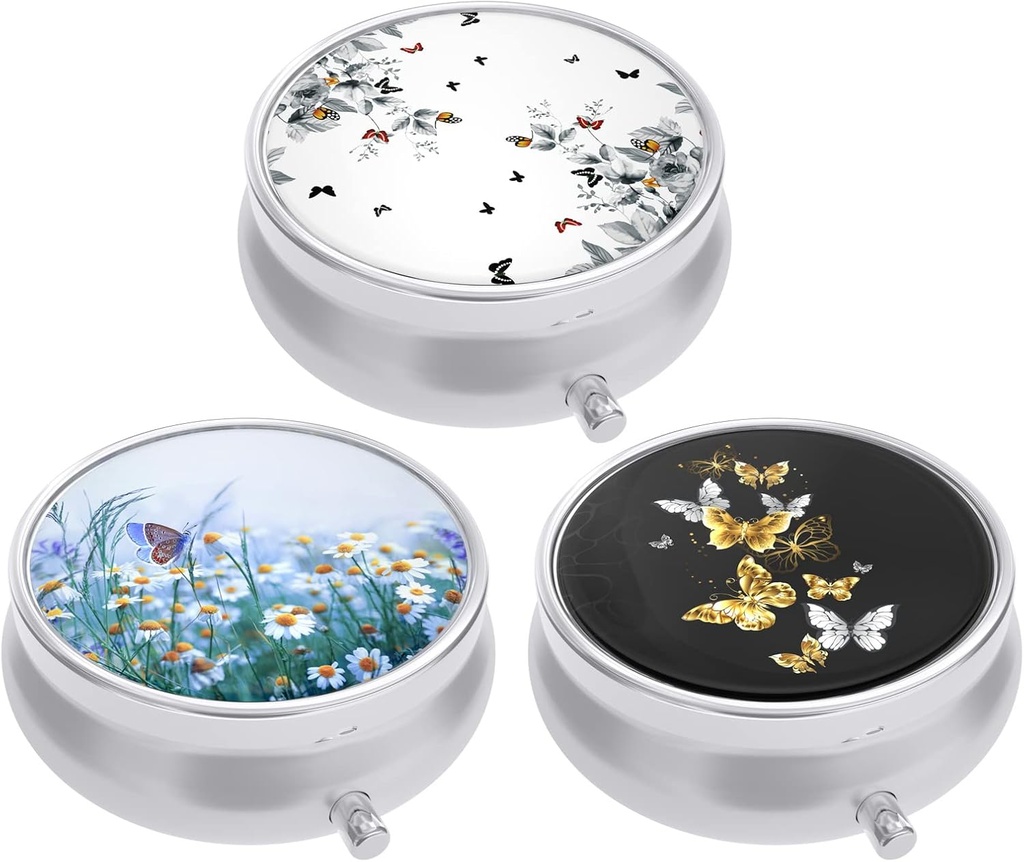 3 Pack Pill Box, Small Pill Case för Purse & Pocket, Cute Travel Medicine Organizer, Portable Medicine Container Holder för att hålla vitaminer, Medicinering, Fish Oil & Supplement, Butterfly
