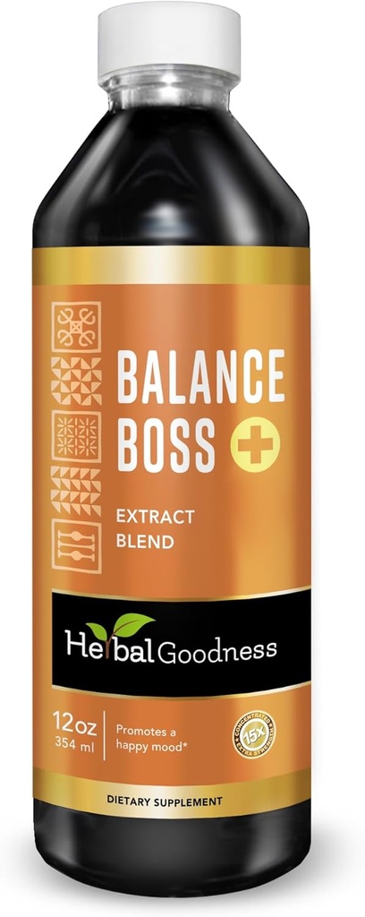 Herbal Goodness Happy Mood Support Supplement - St Johns Worth främjar avkoppling och lugn, Rhodiola Rosea Balance Boss 12 Fl. oz