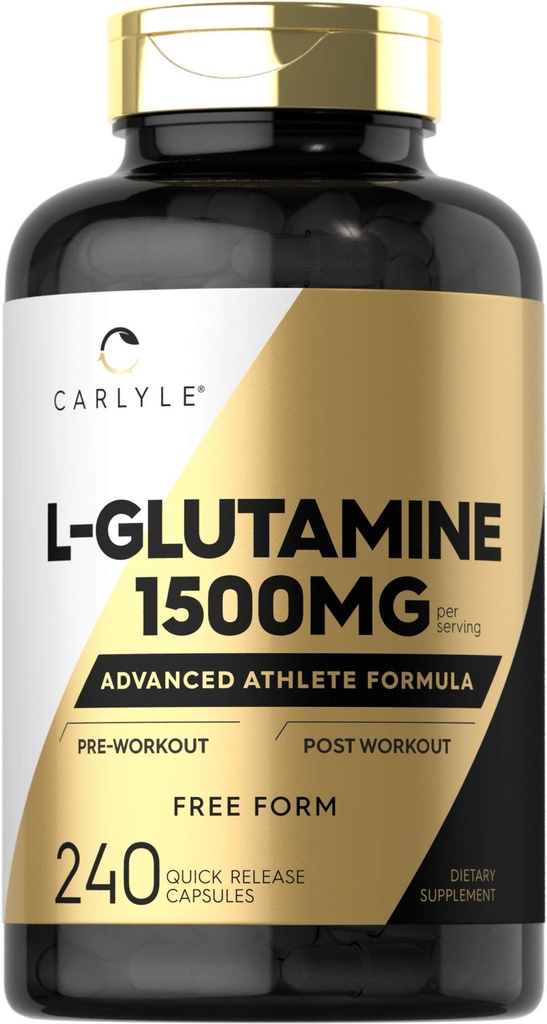 Carlyle L Glutamine kapslar | 1500mg | 240 greve | Avancerad idrottsman Formel | Före och efter träning | Icke-GMO, Gluten fri tillägg