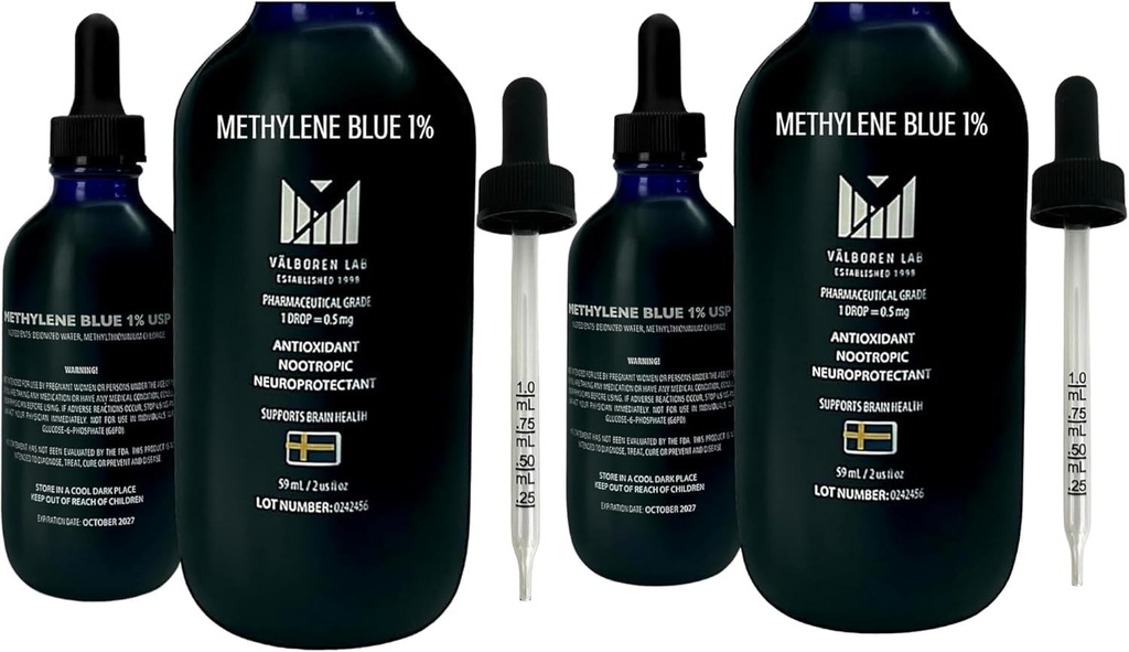 Methylene Blue Pharmaceutical Grade Bundle - 2 oz & 4 oz Bottles - USP Grade - Tillverkad i USA - Tredjepartstestad, Formaldehyd & alkoholfri - Brain Health Supplement - Methylene 1% droppar för människor