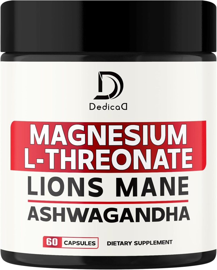 Magnesium L-Threonate Supplement med Lions Mane & Ashwagandha Root - 1000Mg Per Servering för 60 greve Supply - Avancerad Formel Support