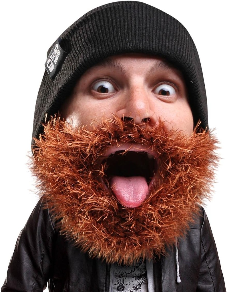 Beard Head Bushy Biker Beanie - Funny Knit Hat och Fake Beard Costume Black