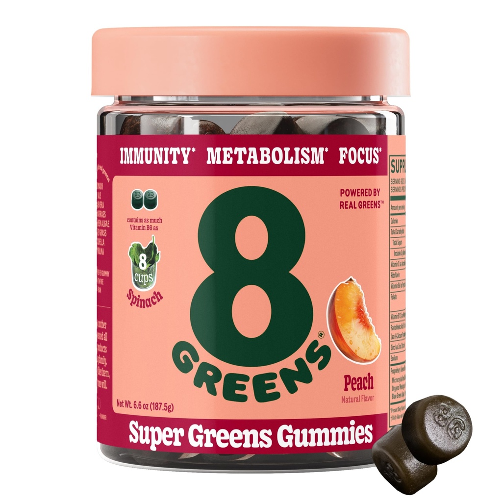 8Greens Supergreens Gummies | Super Greens Powder Superfood Gummy för Metabolism, Immunity & Focus, Digestive Health Enzymes, Organic: Chlorella, Spirulina, Aloe Vera, Peach Flavor, 50 Count